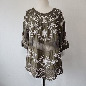 Oliver‎ O Womens M Green Open Crochet Top Boho Peasant Cover Up Hippie Festival